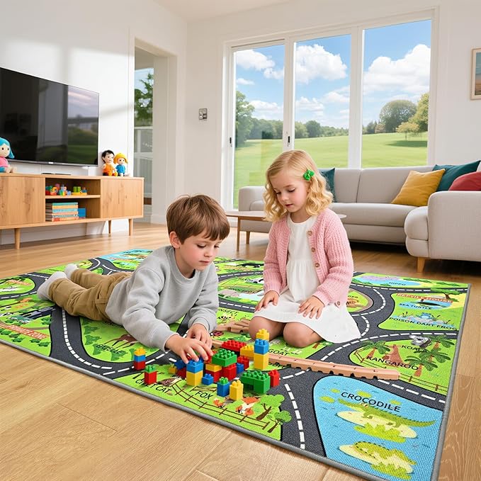 Zoo Adventure Kids Rug, Cute Animal Play Mat with Non-Slip Backing, Kids Carpet with Lions, Tigers & Giraffes for Educational and Fun Playtime, 60"x36"
