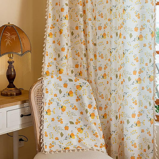 OYX Yellow Boho Pattern Floral Curtains 96 Inch Length 2 Panels for Living Room, Bedroom Light Filtering Drapes, Vintage Country French Tassels Patterned Rod Pocket Aesthetic Decor Window Treatments