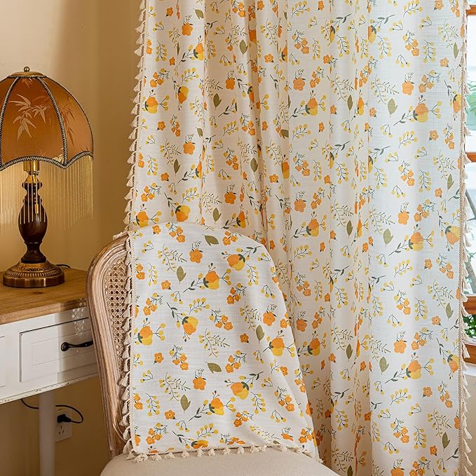 OYX Yellow Boho Pattern Floral Curtains 63 Inch Length 2 Panels for Living Room, Bedroom Light Filtering Drapes, Vintage Country French Tassels Patterned Rod Pocket Aesthetic Decor Window Treatments