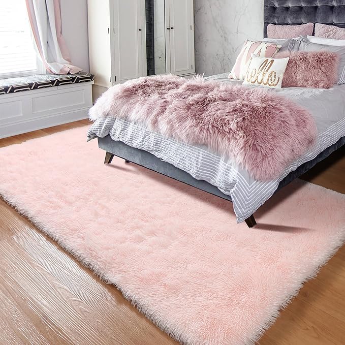 ONASAR Pink Rugs for Bedroom Girls, Fluffy 4x6 Soft Plush Fuzzy Shaggy Kids Area Rug, Washable Cute Indoor Floor Carpet for Teen Boys Dorm Nursery Bedside Home Living Room Decor Aesthetic