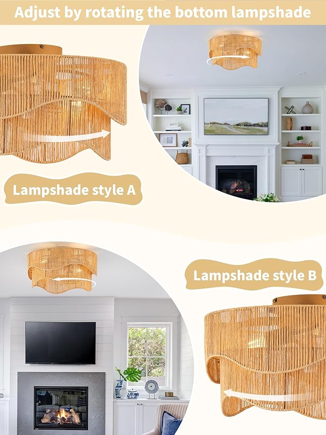 Flush Mount Ceiling Fan with Lights, 20" Low Profile Boho Ceiling Fan with Light Remote Control, Caged Rattan with 6 Speeds for Bedroom, Nursery, Living Room