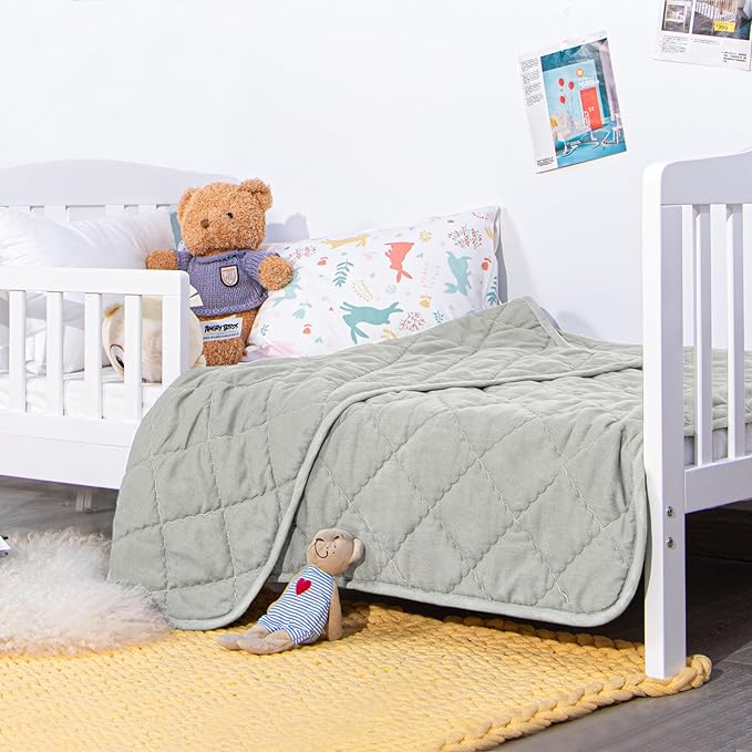 Down Alternative Oversized Toddler Comforter 43x60, Lightweight Warm Solid Color Baby Crib Quilted Blanket for Boys Girls, Light Grey