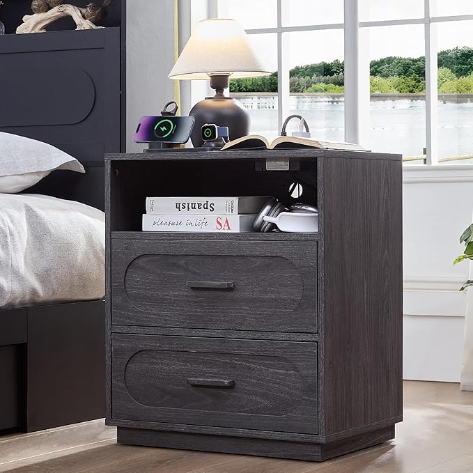 Grey Nightstand with Charging Station, Modern End Table with 2 Drawers Storage, Space-Saving Wood Storage Cabinet with Unique Base Design, Bedside Table for Bedroom, Living Room
