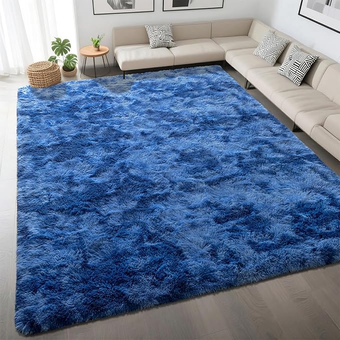DweIke Fluffy Navy Blue Shag Rugs for Bedroom Living Room, 6x9 Large Soft Plush Tie-Dyed Dark Blue Girls Boys Kids Rug, Non-Slip and Machine Washable Carpet for Dorm Nursery Classroom Decor
