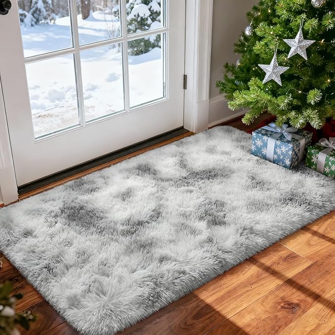 Merelax Fluffy Small Soft Area Rugs for Livingroom, 2x4 Tie-Dyed White Grey Mini Shaggy Throw Rug, Abstract Fuzzy Door Entryway Indoor Inside Front Entrance Dog Mat Accent Home Decor Aesthetic