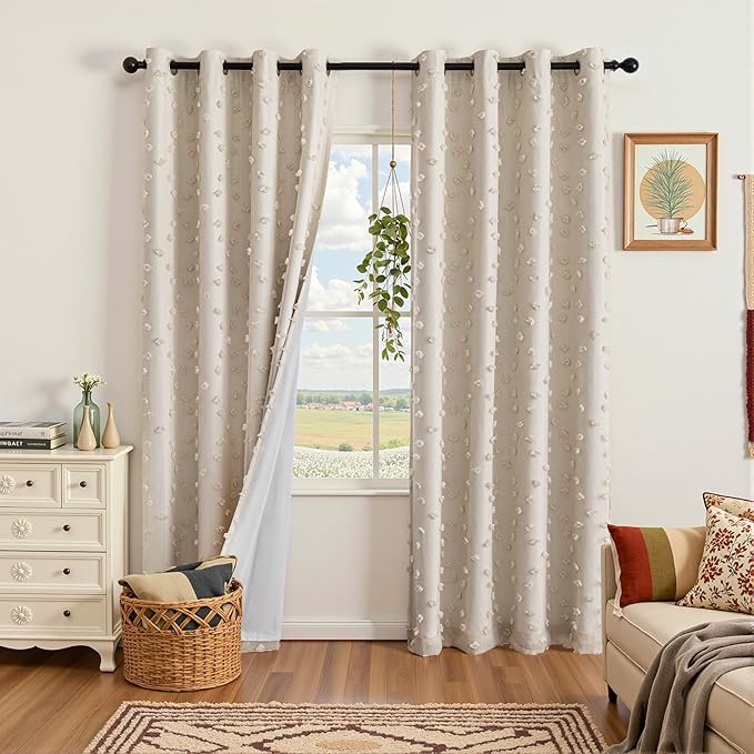 MYSKY HOME 100% Blackout Curtains for Girls Bedroom 84 Inch Long Total Light Blocking Beige Curtain for Living Room 2 Panels Room Darkening Grommet Window Drapes with Pom Pom Sheer 52W x 84L