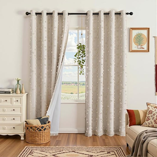 MYSKY HOME 100% Blackout Curtains for Girls Bedroom 84 Inch Long Total Light Blocking Beige Curtain for Living Room 2 Panels Room Darkening Grommet Window Drapes with Pom Pom Sheer 52W x 84L