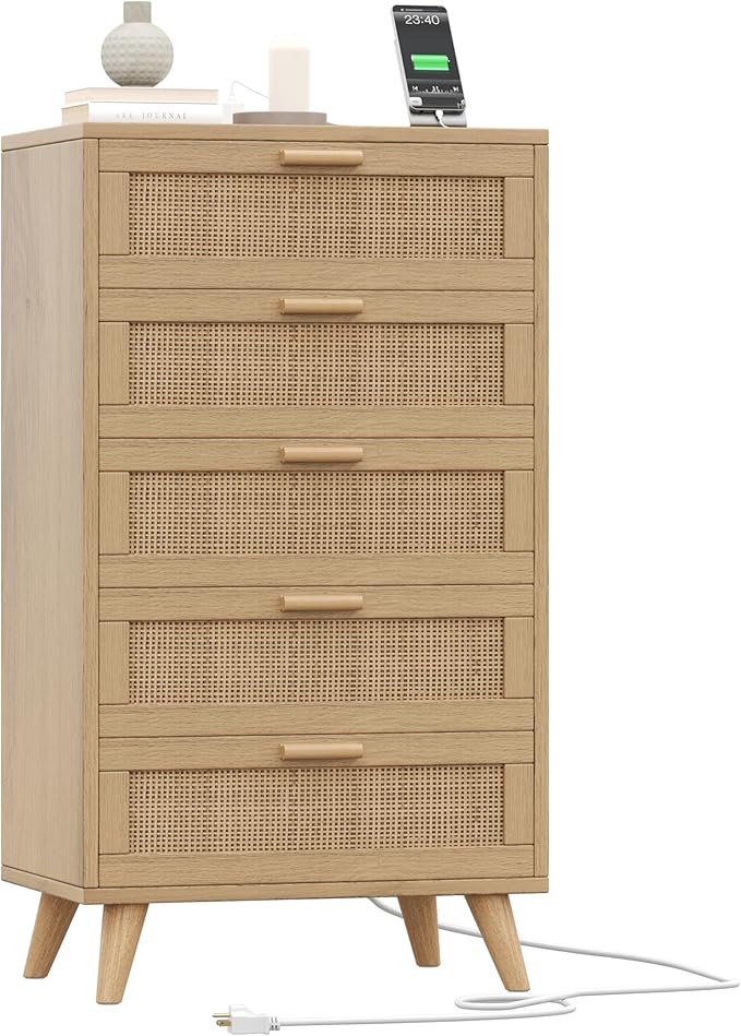 Rovaurx 5 Drawer Dresser for Bedroom, Rattan Chest of Dressers with Charging Station, Modern Dresser Chest with Wooden Handles, Beside Table for Closet, Living Room and Entryway, Natural RDG005M