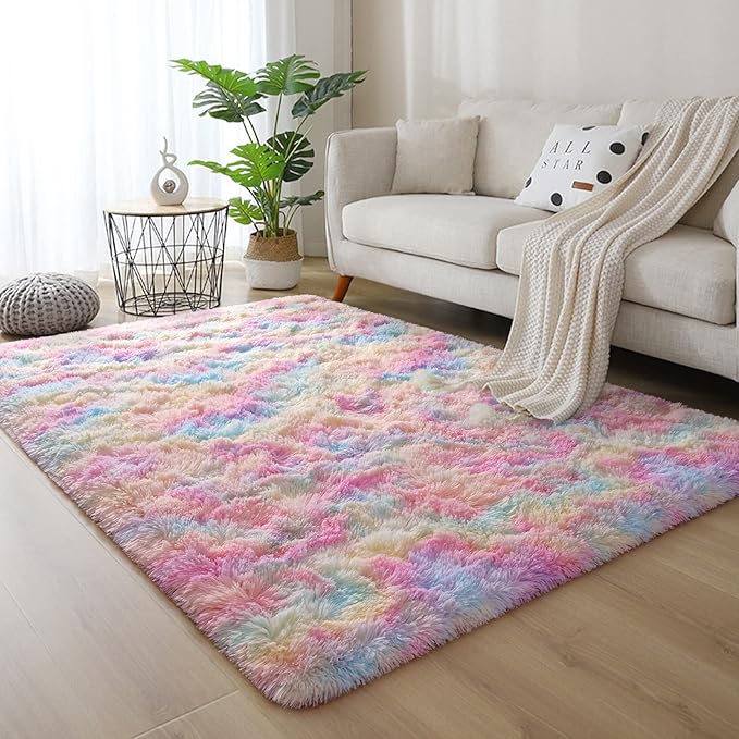 DweIke Fluffy Rainbow Rugs for Bedroom Living Room, 6x9 Large Soft Plush Shaggy Colorful Pink Girls Boys Kids Rug, Non-Slip and Machine Washable Carpet for Dorm Nursery Classroom Decor