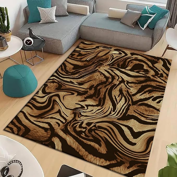 Tiger Print Area Rug5x7ft Skin Print Pattern Large Animal Skin Fur Luxury Soft Simulation Tiger Hide Rug, Non-Slip Low Pile Indoor Mats Modern Home Decor Living Room Carpet