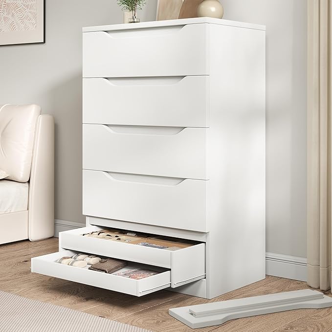White Tall 5 Drawer Dresser for Bedroom with Hidden Storage Design, Large Modern Closet Dressers & Chests of Drawers with Cut-Out Handles, 27.6" L*15.8" W*45.3" H for Bedroom, Living Room, Nursery
