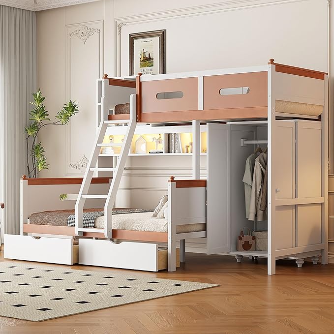 Twin Over Full Bunk Bed with Wardrobe and Drawers, Wooden Bunk Bed with Shelves and Cabinet for Kids Teens Adult Bedroom, Space Saving Design