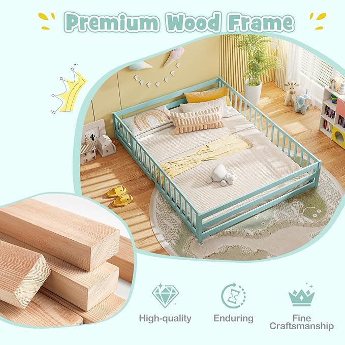 KOMFOTT Queen Size Wood Floor Bed with Door & Fence, Montessori Bed Frame with Full Length Safety Guardrails, Door & Latch, Wooden Montessori Floor Bed for Kids, Girls, Boys (Queen,Green)