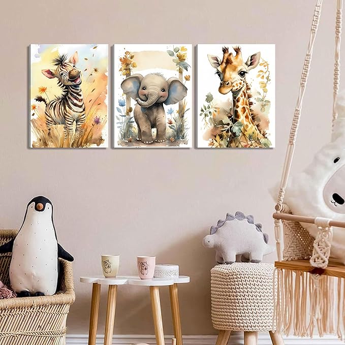 Woodland Animal Wall Art Set of 3, Wild Animals Nursery Picture Wall Decor Canvas, Cute Giraffe Elephant Zebra Watercolor Poster Print Artwork for Boys Girls Room Decoration – 12x16 inch