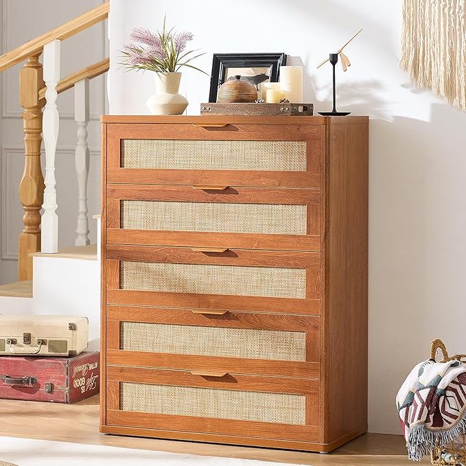 LEYAOYAO Rattan Dresser for Bedroom Set 2, 41" Tall Chest of Drawers, Modern 5 Drawers Boho Dressers with Storage, Light Oak Dresser Wooden Closet Organizer for Living Room, Hallway, Tea Brown