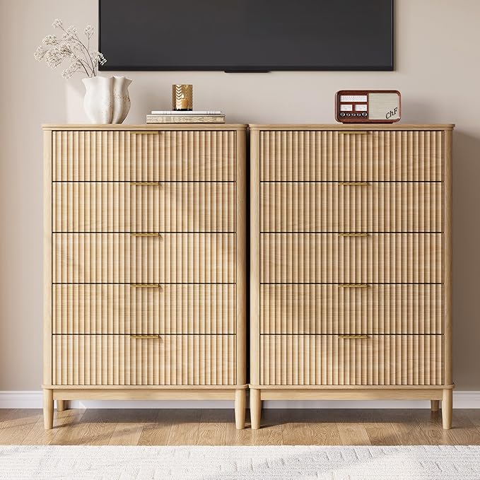 LINSY HOME Fluted 5 Drawers Dresser, 46" Tall Modern Chest of Drawers, Curved Profile Design, Mid Century Wood Dresser with Metal Handle for Bedroom, Living Room, Hallway, Entryway, Oak