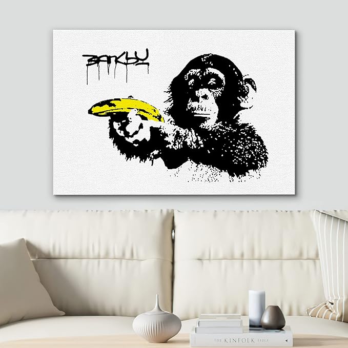 SIGNWIN Framed Canvas Wall Art Banksy Monkey with Banana Print Graffiti & Street Art Famous People Pop Art Modern Urban Multicolor for Living Room, Bedroom, Office - 32x48 inches