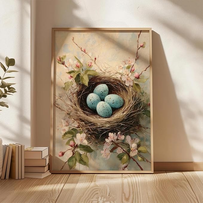 Vintage Bird's Nest Wall Art Pink Flower Painting Spring Bird Prints Watercolor Wildflower Prints Watercolor Botanical Poster Abstract Animal Picture Abstract Bird Egg Poster 16x24inch Frameless