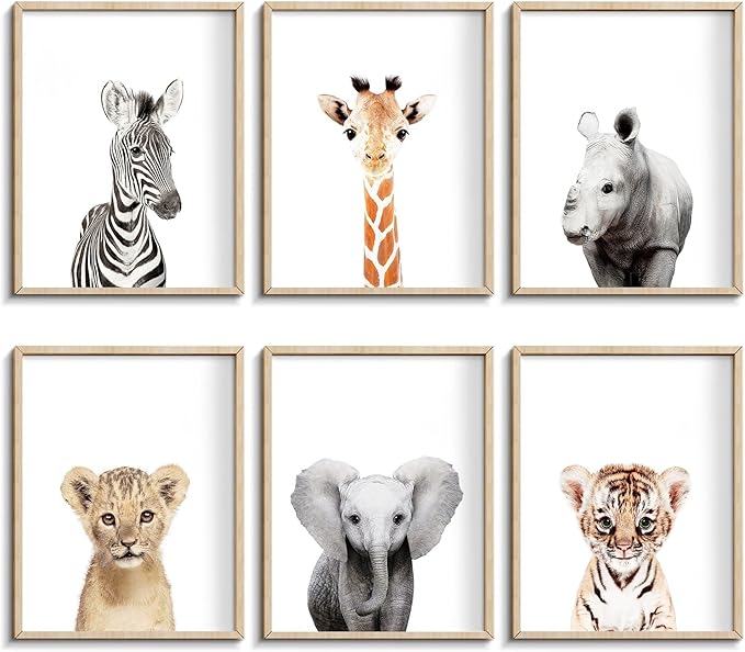 calmart Jungle Safari Animal Prints, Wall Art, 6 Pack, Unframed, Modern, Contemporary, Animal Theme, Waterproof, Landscape Orientation, Glossy Finish, Kids' Room Decor, Safari Themed Party Decor