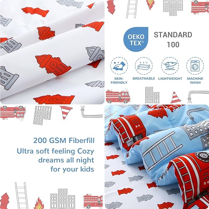 Mooreeke 4 Pieces Toddler Bedding Set - Fire Truck Blue Toddler Comforter Sets for Boys, Includes Comforter, Flat Sheet, Fitted Sheet and Pillowcase, Bed in A Bag for Baby Bedroom