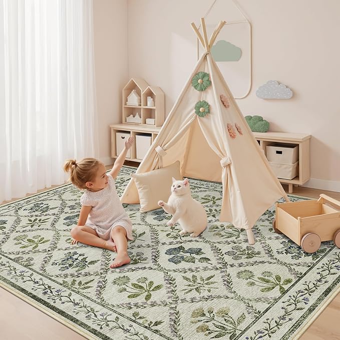 Floral Rugs for Girls, 5x7 Boho Washable Area Rug for Living Room, Cute Ultra-Thin Non Slip Indoor Decor Carpet for Nursery Kids Room Bedroom Playroom, Ivory Multi