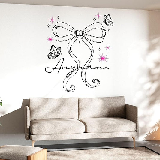 Custom Cute Coquette Butterfly Wall Decal Personalized Bow Name Transparent DTF Vinyl Removable Nursery Wall Decals for Baby Kids Room, Teen Bedroom, Window, Cute Home Decor Gifts