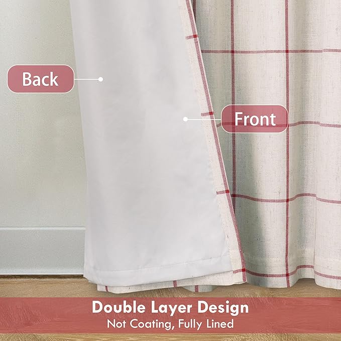 DriftAway 2 Panels 100% Blackout Windowpane Plaid Linen Curtains Double Layer Drapes for Bedroom 63 Inches Long Farmhouse Thermal Insulated 3.25 Inch Rod Pocket Back Tab for Living Room Red