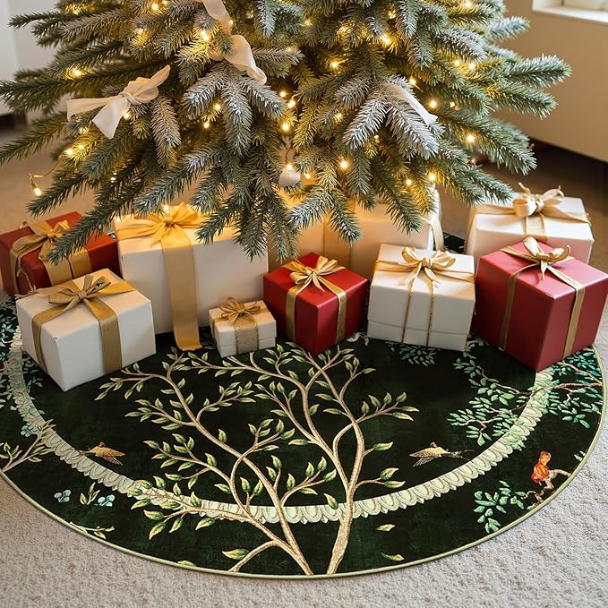 jinchan Yarden Christmas Round Rugs 4ft Moss Green Botanical Birds Print,Machine Washable 4' Circle Nature Plants Modern Soft Non-Slip Throw Area Rugs,Low Pile Carpet for Entryway Bedroom Kids Room