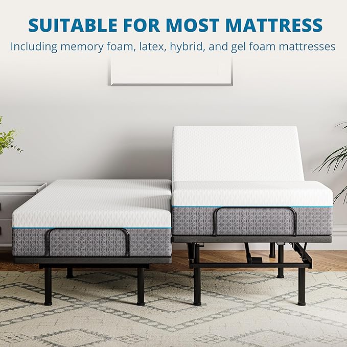EGOHOME Split King Adjustable Bed Base Frame and 14 inch Charcoal Gel Memory Foam Mattress, Electric Foldable Metal Bed Base with Independent Head and Foot Incline, Wireless Remote,Zero Gravity
