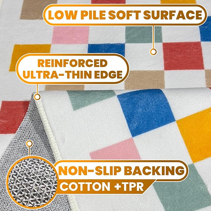 Washable Checkered Rug, 5x7 Colorful Rainbow Checkerboard Modern Foldable Large Area Rugs for Living Room, Low Pile Ultra-Thin Non-Slip Indoor Doormat Carpet for Office Bedroom Playroom Classroom Dorm