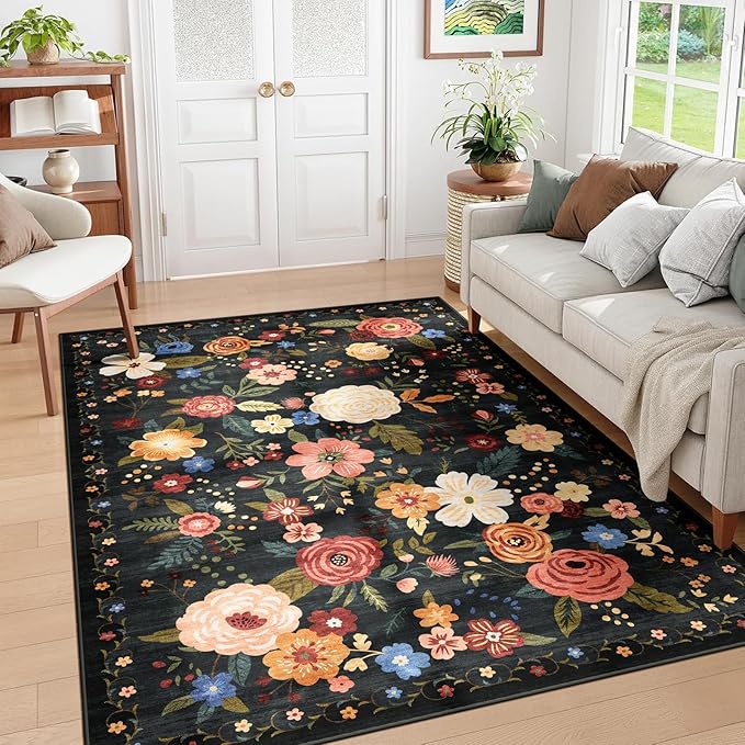 6x9 Washable Area Rug for Living Room, Floral Non-Slip Non-Shedding & Easy Care, Soft Low Pile Vintage Indoor Floor Carpet for Living Room, Bedroom, Farmhouse, Dining Room, Kids Playroom, Black