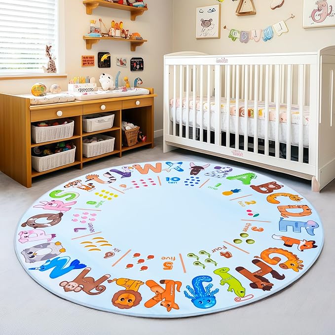Kids Rugs for Playroom, 4'x4' Round Educational Rug for Learn the ABC Alphabet, Soft Machine Washable Non-Slip Cute Animal Carpet for Classroom Toddler Nursery Kids Room Decor Mat, Light Blue