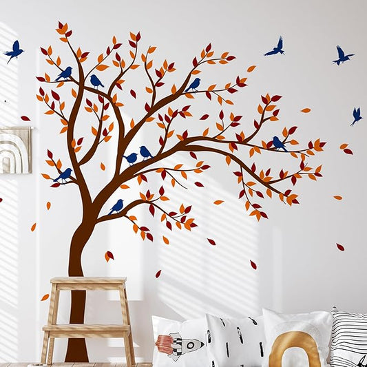 Large Tree Wall Decals,Autumn Nursery Tree Wall Sticker Decors,Peel and Stick Autumn Theme Art Decals for Kids Bedroom Nursery Playroom Library Living Room and Bedroom Decoration