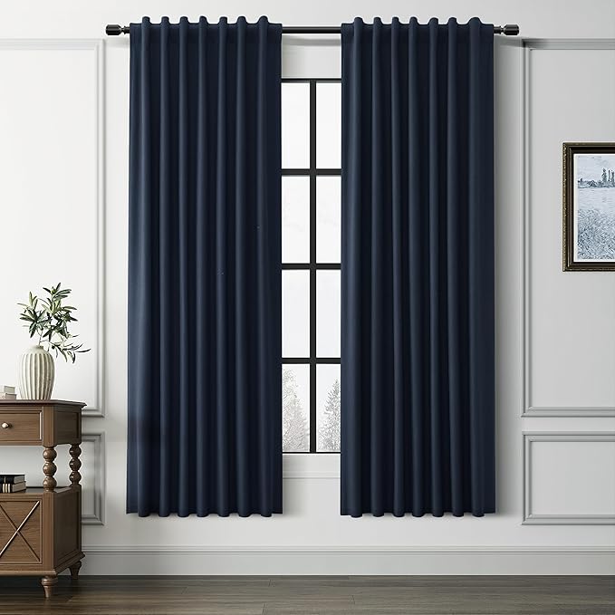 Guken Navy Blue 100% Room Darkening Linen Curtains for Bedroom 72 Inches Long 2 Panel Sets Elegant Textured Back Tab Hook Belt 100% Blackout Thermal Insulated Soundproof Living Room Dark Blue 52x72
