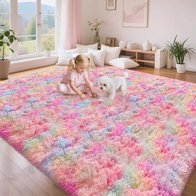 Soft Fluffy Area Rug 8x10 Plush Rainbow Rugs for Girls Bedroom Shaggy Carpet Kawaii Unicorn Rug for Living Room Fuzzy Nursery Rug for Baby's Toddler's Room Cute Colorful Room Decor for Kids