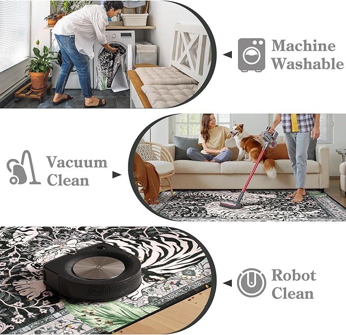 Moynesa Tiger Washable Rugs, 3x5 Entry Area Rugs, Non Slip Vintage Soft Living Room Carpet, Boho Low Pile Stain Resistant Indoor Throw Mat for Kitchen Bedroom Entrance, Black