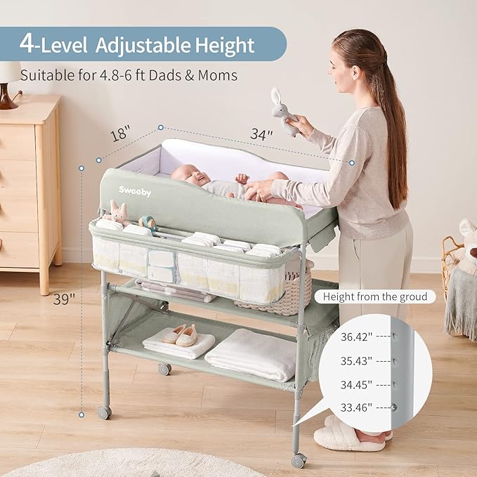 Sweeby Portable Baby Changing Table, Foldable Changing Table Dresser Changing Station for Infant, Waterproof Diaper Changing Table Pad Topper, Mobile Nursery Organizer for Newborn Essentials,Green