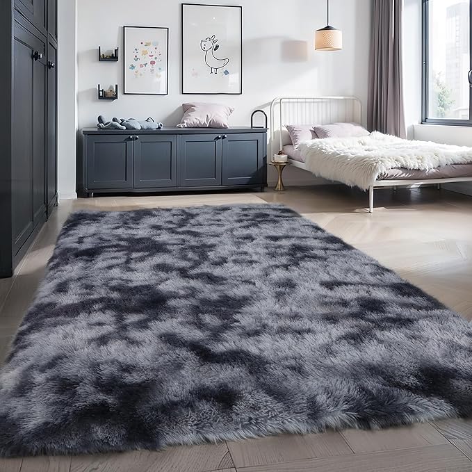 6x9 Dark Grey Fluffy Shag Rug for Bedroom Living Room, Ultra Soft Plush Fuzzy Washable Non Slip Floor Cozy Carpet, Modern Comfy Shaggy Large Area Rug for Kids Baby Nursery Dorm, Tie-Dye Gray
