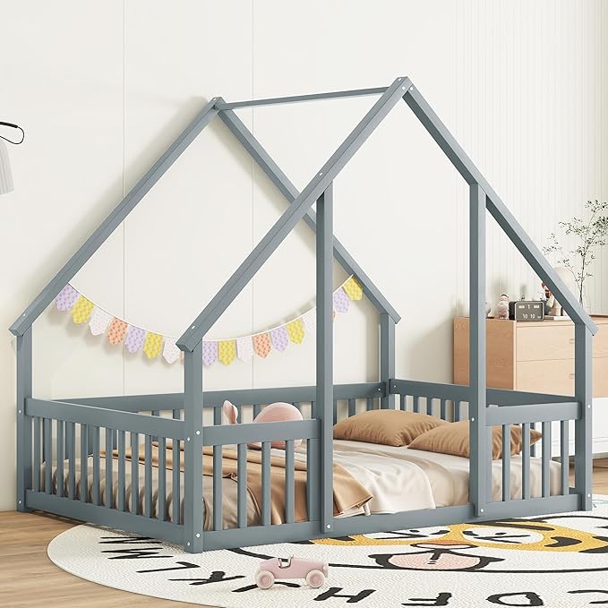 Bellemave Full Floor Bed for Kids, Girls, Boys, Wood House Bed Frame, House Floor Bed for Kids, Full Size Montessori Floor Bed with Fence, Playhouse for Kids, Gray