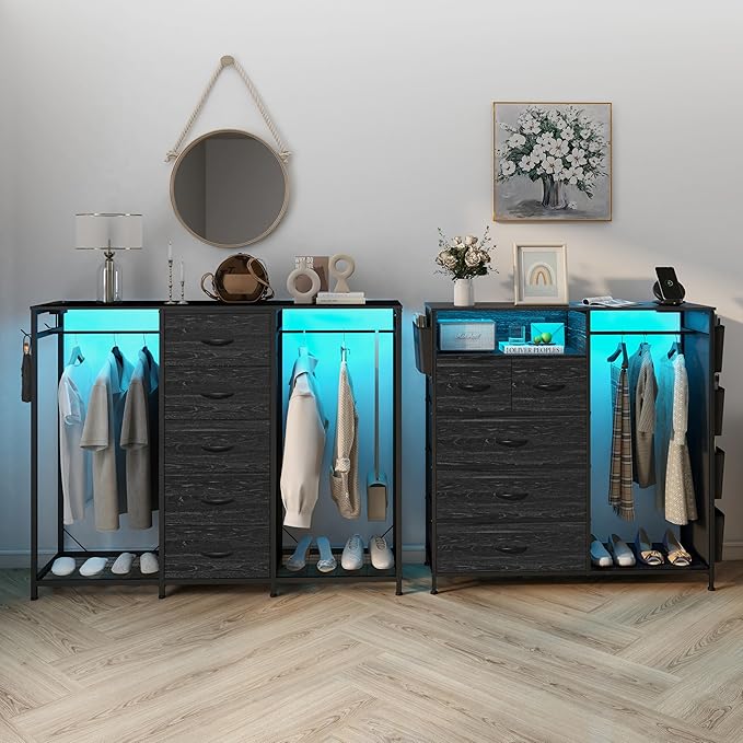 Dresser for Bedroom with Clothes Rack 5 Drawer Dresser with Charging Station LED Lights White Chest of Drawers Flexible Shelf and Open Storage Space for Bedroom Living Room (Charcoal Black)