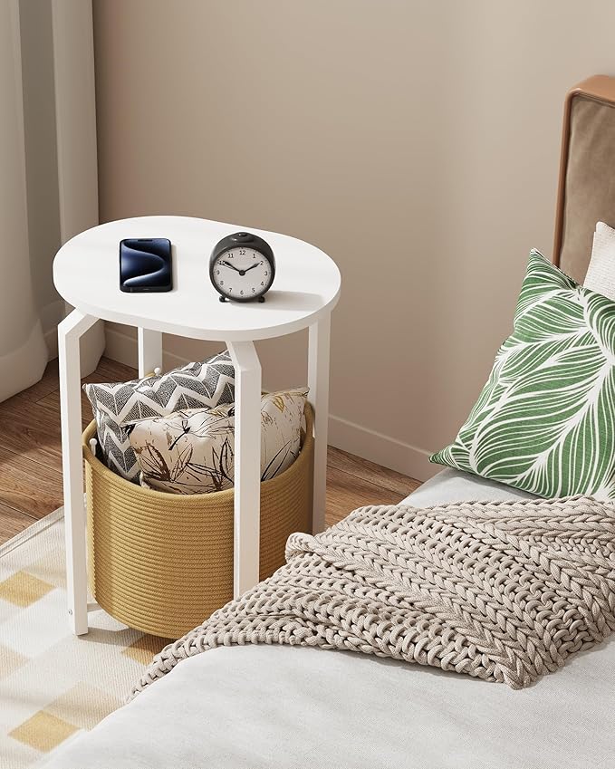 TUTOTAK Small Side Table, Oval End Table, Night Stand, Bedside Table, Set of 2, Sofa Table with Storage Basket, Living Room, Bed Room, White and Beige TB01BWN0932