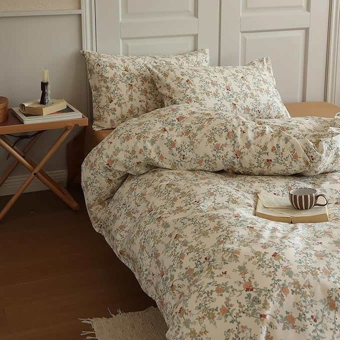 LifeTB Rustic Flower Duvet Cover King Botanical Garden Floral Bedding Set 100% Cotton Vintage Country Style Girls Comforter Cover Flower Branches Pattern Cottagecore Bedding Set King Size