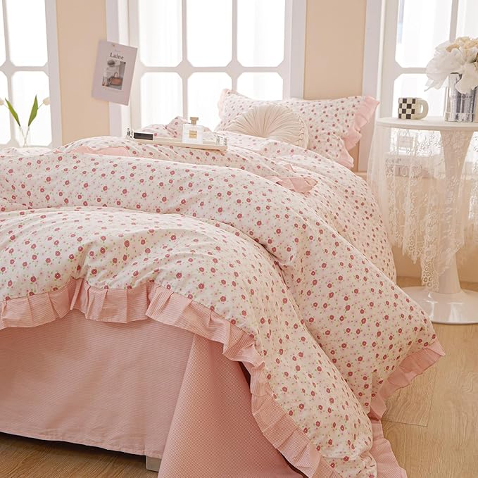 Ruffle Duvet Cover Queen Cute Red Flower Printed Lace Comforter Cover 100% Cotton Floral Duvet Cover Reversible Pink Striped Ruffle Comforter Cover Teen Girls Romantic Princess Bedding Sets Queen