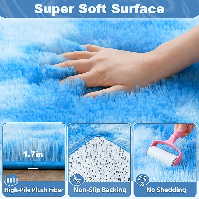 EVOIONOS Area Rug for Living Room Bedroom, Washable 6x9 Fluffy Shag Large Rug, Soft Plush Non Slip Carpet for Indoor Floor Bedside Nursery Kids Girls Room Dorm, Home Decor Aesthetic, Tie-Dyed Blue