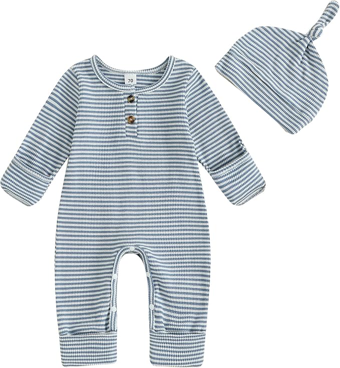 Infant Boys Fall Clothes Newborn Baby Romper Hat Stripe Knit Long Sleeve Bodysuit Jumpsuit Baby Going Home Outfit