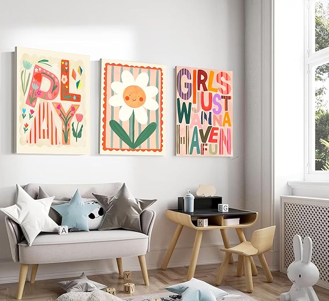 Boho Floral Sun Nursery Wall Art Girls Just Wanna Have Fun Positivity Affirmation Rainbow Print Playroom Classroom Counseling Office wall decor Play Poster for Kids Bedroom, 12x16 Inch, Set of 3