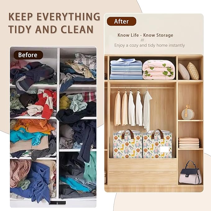Cute Animal Storage Basket Large 17x11.5x10.5 Inche-Collapsible Fabric Organizer Bin with Handles for Nursery, Kids Room, Toys-Foldable Decorative Hamper with Adorable Animal Print-Single Pack