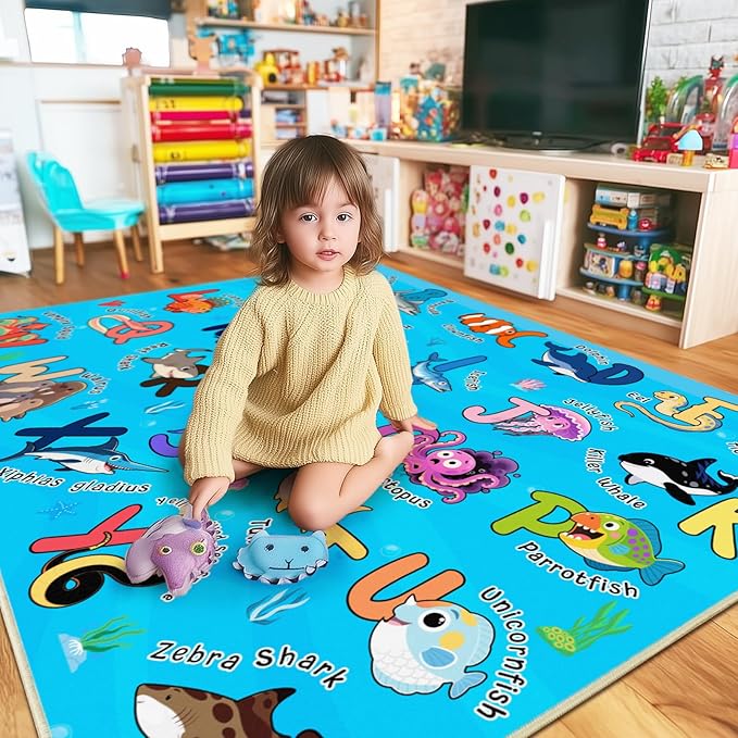 Kids Rugs for Playroom, 3x4 Feet Educational Rug for Learn The ABC Alphabet, Soft Machine Washable Non-Slip Cute Marine Organisms Carpet for Classroom Toddler Nursery Kids Room Decor, Blue