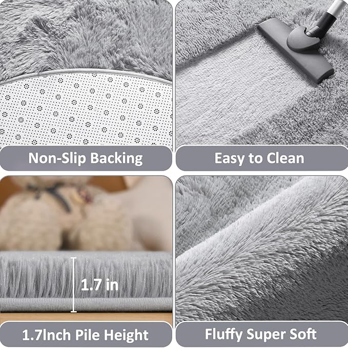 EVOIONOS Grey Round Rug for Bedroom, 5x5 Ft Fluffy Soft Circle Area Rugs for Living Room, Plush Shaggy Circular Carpet for Indoor Floor Bedside Kids Nursery, Machine-Washable Home Decor Aesthetic