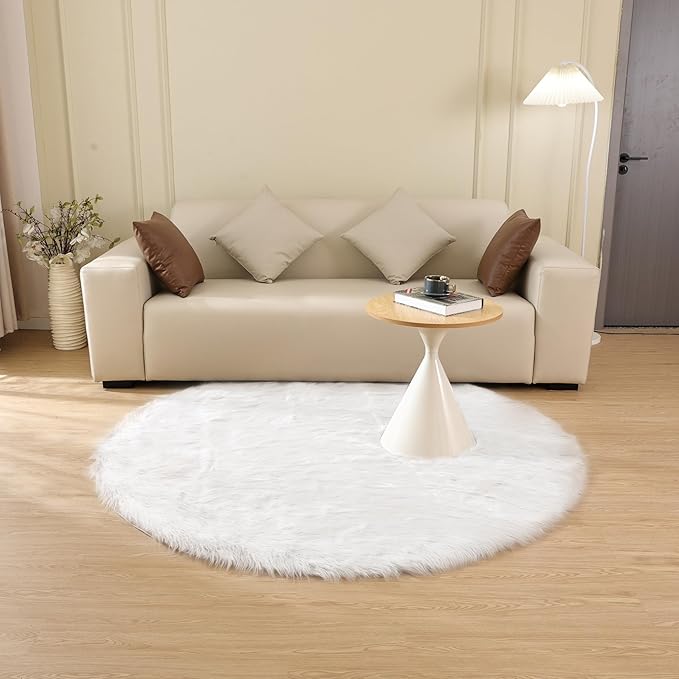 White Fluffy Faux Fur Rugs for Bedroom Sheepskin Machine Washable Shag Area Rugs for Living Room Small Circle Boho Round Rug 3ft